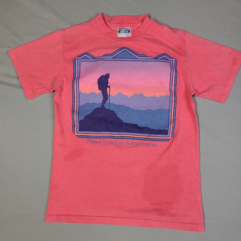 Vintage 1988 Red Lodge Montana T-Shirt Pink Single Stitch Hanes Beefy Small USA